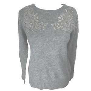 WoolOvers Lambswool‎ Crewneck Sweater Gray Embellished Pullover Women's Size XS